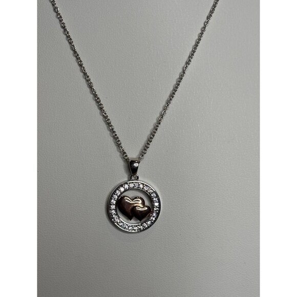Fine Silver Plated Heart Pendant Necklace With Two-Tone Design & Crystal Accents - Picture 11 of 11